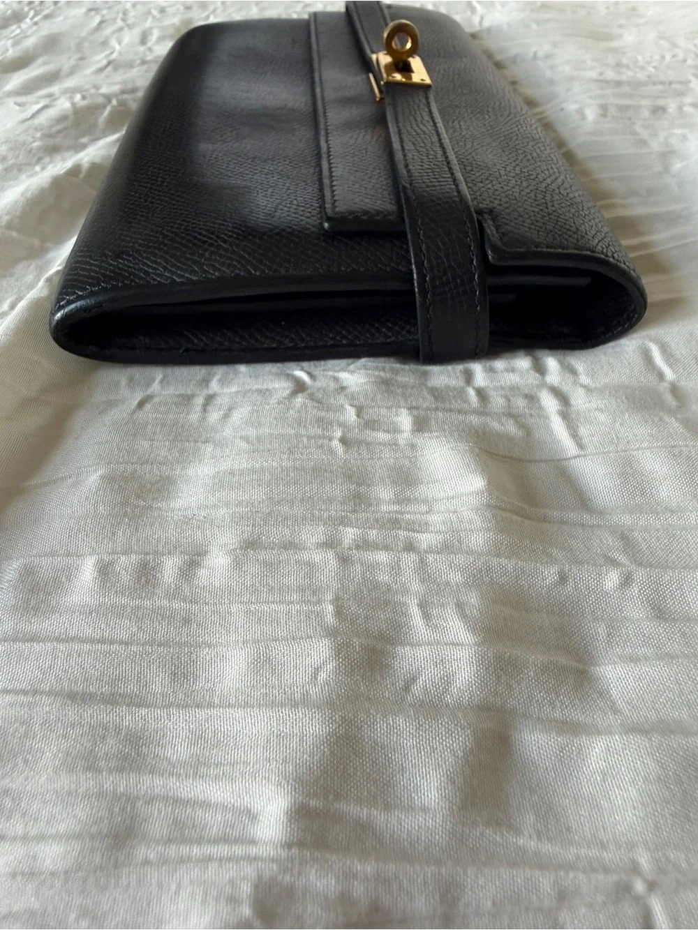 Hermes Black Leather Kelly Cut Clutch with Gold Hardware